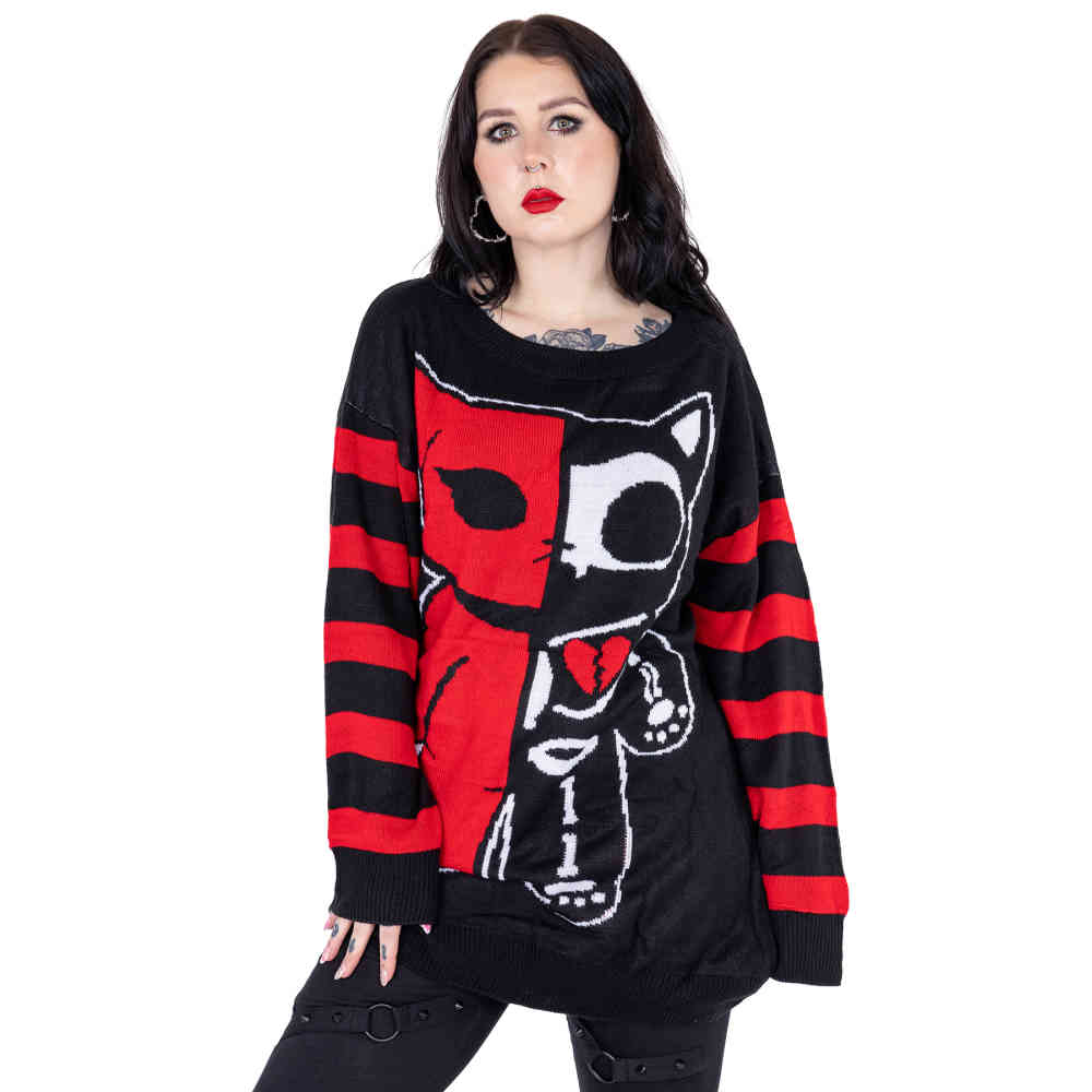 Cupcake Cult - Half Dead Cat Pull en tricot - Noir/Rouge